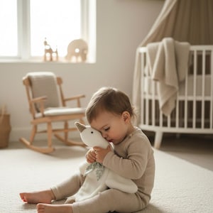 May include: A child in a beige outfit sits on a light-colored rug, hugging a white stuffed goose with a green bow. The room features a crib, rocking chair, and wooden decor, creating a soft, neutral-toned nursery setting.