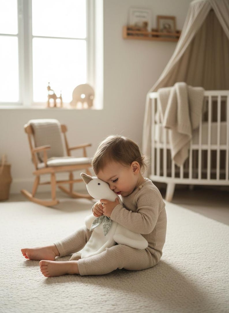 May include: A child in a beige outfit sits on a light-colored rug, hugging a white stuffed goose with a green bow. The room features a crib, rocking chair, and wooden decor, creating a soft, neutral-toned nursery setting.