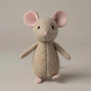 May include: A handmade stuffed mouse toy in a standing pose. The mouse is made of beige felt with pink felt ears, nose, and feet. It has black bead eyes and white whiskers. The toy is designed to be a decorative item or a child's toy.