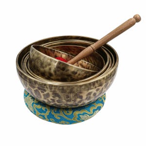 Seven Chakra Singing Bowl Set | Full Moon Carved | Handmade Bronze Sound Bowls with Accessories