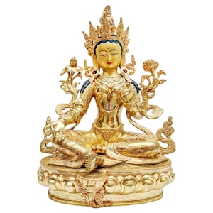 Green Tara Statue – 29” Handcrafted Copper Sculpture | 24K Gold Gilded Himalayan Goddess | Tibetan Buddhist Deity Statue