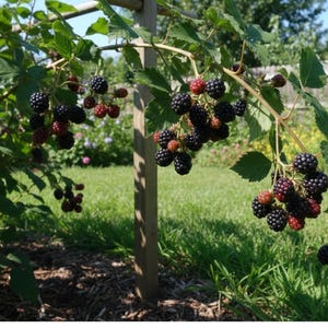 K&ouml;nnte beinhalten: Ein Brombeerstrauch mit Trauben aus reifen, dunkelvioletten bis schwarzen Beeren und einigen kleineren, r&ouml;tlich-rosa unreifen Fr&uuml;chten. Die Pflanze hat gr&uuml;ne, gezackte Bl&auml;tter und d&uuml;nne, holzige St&auml;ngel an einem h&ouml;lzernen Rankgitter.