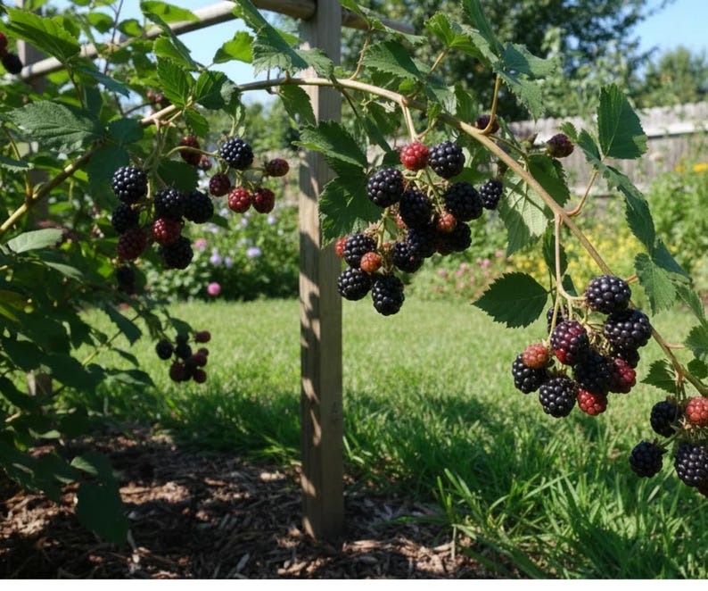 K&ouml;nnte beinhalten: Ein Brombeerstrauch mit Trauben aus reifen, dunkelvioletten bis schwarzen Beeren und einigen kleineren, r&ouml;tlich-rosa unreifen Fr&uuml;chten. Die Pflanze hat gr&uuml;ne, gezackte Bl&auml;tter und d&uuml;nne, holzige St&auml;ngel an einem h&ouml;lzernen Rankgitter.