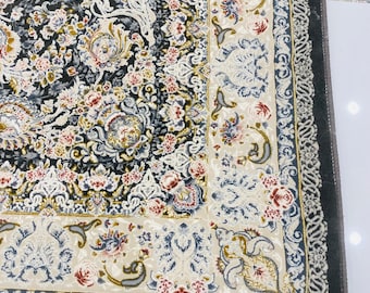 Black Cream Persian style Area Rug with Central Medallion   Floral Border Fringed