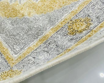 Elegant Gold & Gray Floral Oval Rug with Intricate Border Design