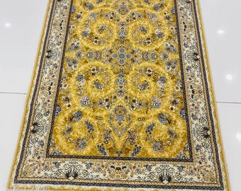 Golden Yellow Persian Oriental Rug with Floral Medallion & Fringe