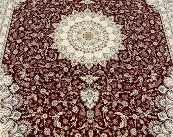 5x8.Classic Maroon & Beige Medallion Area Rug with Intricate Floral Border and White Fringe