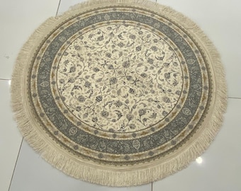 Circular Persian-Style Rug: Cream Floral Medallion, Gray Border, Fringe Trim