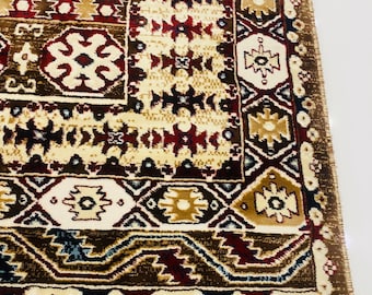 Traditional Geometric Medallion Rug 8x11 – Cream, Brown, Maroon Ethnic Border