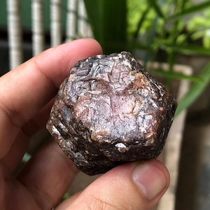 May include: A rough, dark brown gemstone with a textured surface. The stone has a mix of brown and tan hues, with a slightly reflective quality. The overall shape is irregular, with multiple facets and a natural, unpolished appearance.