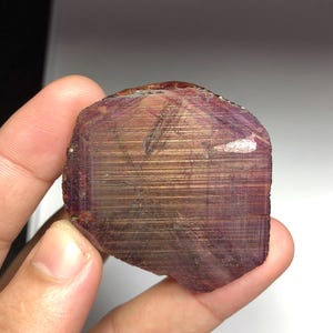 May include: A natural, uncut gemstone in a deep burgundy colour, with a textured surface. The stone's edges are rough, and the interior shows a layered, striated pattern. The gemstone is held in a hand, showing its size and shape.