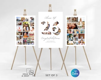 Graduation Photo Collage Welcome Sign Set, Class of 2026 Graduation Party Poster, Number Photo Board for Seniors, Editable Canva Template