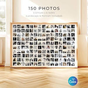 Puede incluir: Una exhibición enmarcada de 150 fotos en blanco y negro. Las fotos están dispuestas en una cuadrícula. El marco es de color marrón claro. El texto en la parte superior dice "150 FOTOS, 3 ESTILOS x 6 TAMAÑOS (Paisaje y Retrato Incluidos)." Un círculo azul con "Edit in Canva" está en la parte inferior derecha.
