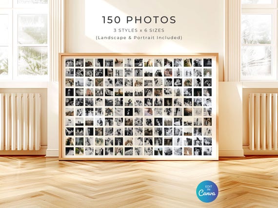 150 Photo Collage Template, Minimalist Grid Design Poster, Landscape Portrait, Anniversary Gift Keepsake, Canva Editable Digital Template