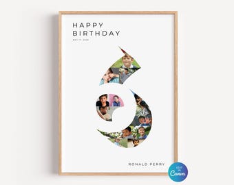 Sixth Birthday Photo Collage Template, Number 6 Milestone Sign, Custom 6th Birthday Photo Board, Editable Canva Template DIY