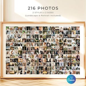 Puede incluir: Un collage enmarcado con 216 fotos de boda, dispuestas en una cuadrícula. El marco es de color marrón claro y las fotos son de varios estilos. El texto en la parte superior dice "216 FOTOS, 2 ESTILOS x 2 TAMAÑOS (Paisaje y Retrato Incluidos)". El logotipo de Canva está en la esquina inferior derecha.
