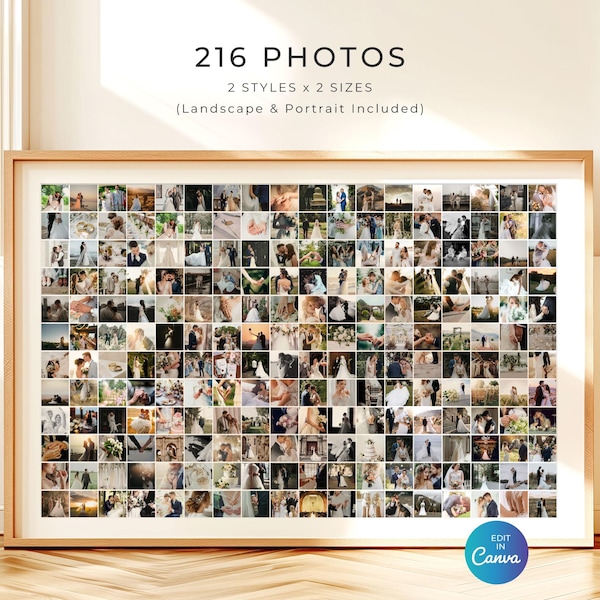 216 Wedding Photo Collage Template, Anniversary Keepsake, Minimalist Grid Design Poster, Landscape Portrait, Editable in Canva