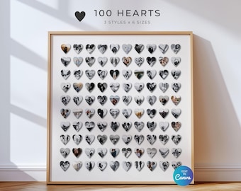 Minimalist 100 Hearts Photo Collage, Modern Valentine's Day Decor, Square Wall Art Gift for Loved One, Editable Canva Template
