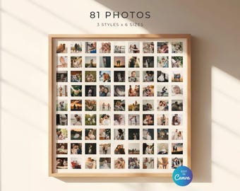 81 Photo Collage Template, Minimalist Grid Design Poster, Square, Anniversary Gift Keepsake, Canva Editable Digital Template