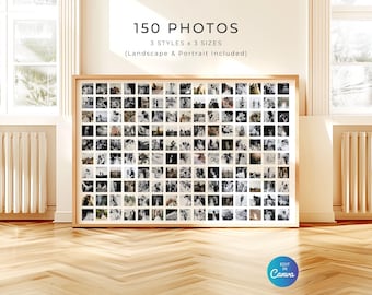 Sjabloon 150 fotocollage, minimalistische rasterontwerpposter, landschapsportret, aandenken verjaardagscadeau, canva bewerkbare digitale sjabloon