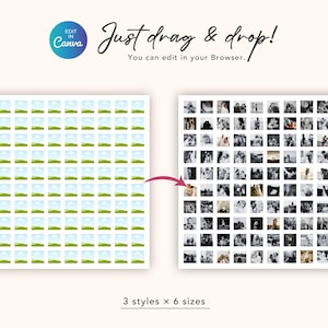 May include: A digital template for a photo collage featuring a grid of placeholder icons on the left and a grid of black and white photographs on the right. The text reads "Edit in Canva", "Just drag & drop!", "You can edit in your Browser.", and "3 styles x 6 sizes".