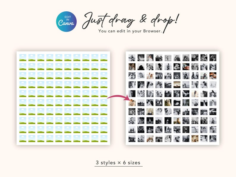 May include: A digital template for a photo collage featuring a grid of placeholder icons on the left and a grid of black and white photographs on the right. The text reads "Edit in Canva", "Just drag & drop!", "You can edit in your Browser.", and "3 styles x 6 sizes".