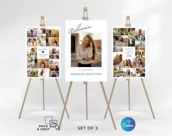 Graduation Photo Collage Welcome Sign Set, Personalised Graduation Party Poster, Graduation Board Yard Sign, Editable Canva Template DIY