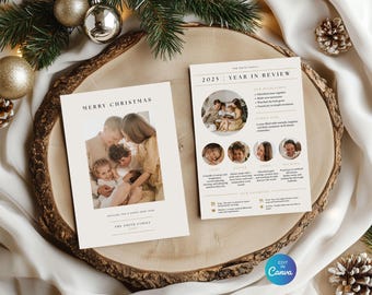 Year in Review Family Christmas Card Template, Holiday Photo Collage for 3 & 4 people, Editable and Printable Canva Template