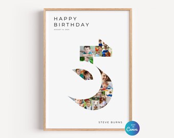 Fifth Birthday Photo Collage Template, Number 5 Milestone Sign, Custom 5th Birthday Photo Board, Editable Canva Template DIY