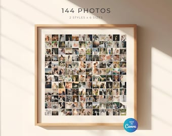 144 Hochzeitsfotocollage-Vorlage, minimalistisches Grid-Designposter, quadratisch, Jubiläumsgeschenkandenken, Canva bearbeitbare digitale Vorlage