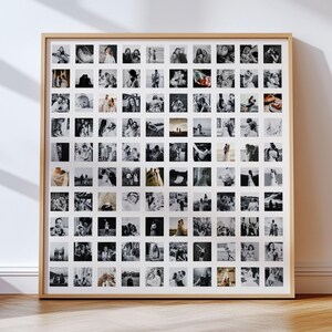 May include: A large square wall frame with a light wood finish containing a grid of eighty-one individual black and white square photographs. The collage displays various scenes including portraits, outdoor landscapes, and candid moments.