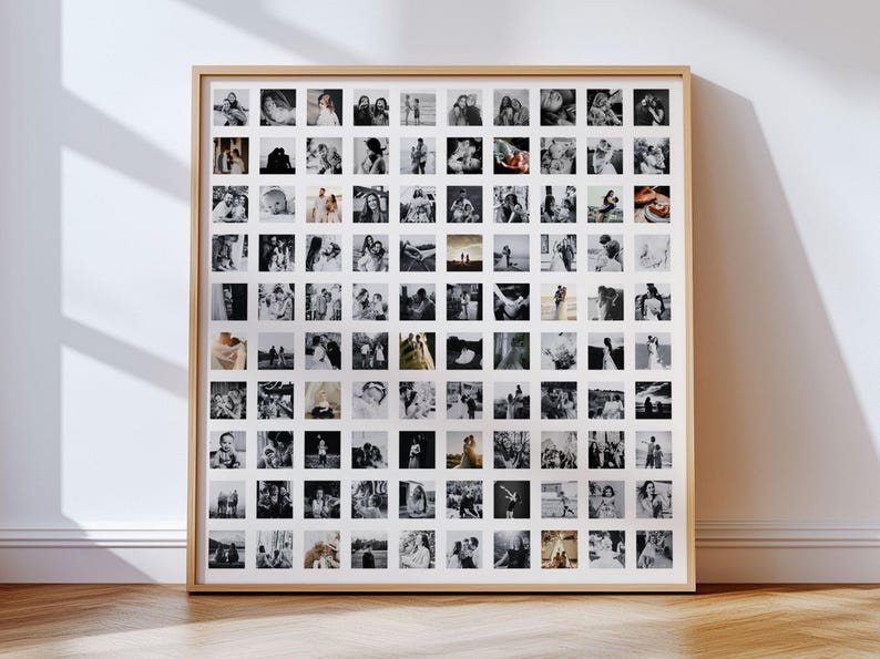 May include: A large square wall frame with a light wood finish containing a grid of eighty-one individual black and white square photographs. The collage displays various scenes including portraits, outdoor landscapes, and candid moments.