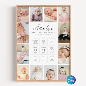 Erstes Geburtstags-Meilensteinschild, Meilensteinplakat für das 1. Jahr des modernen Babys, bearbeitbare Fotocollage-Vorlage Canva