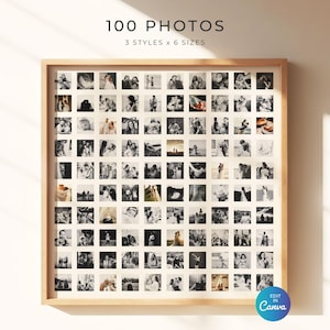 May include: A framed display of 100 black and white photos. The photos are arranged in a grid pattern within a light wood frame. The text "100 PHOTOS" and "3 STYLES x 6 SIZES" are displayed at the top.