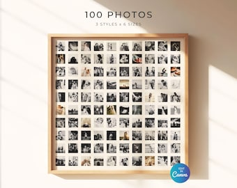 100 Photo Collage Template, Minimalist Grid Design Poster, Square, Anniversary Gift Keepsake, Canva Editable Digital Template