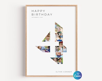 Fourth Birthday Photo Collage Template, Number 4 Milestone Sign, Custom 4th Birthday Photo Board, Editable Canva Template DIY