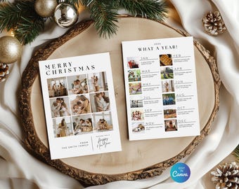 Year in Review Christmas Card, 2025 12 month Photo Collage, Minimalist Grid Design, Holiday Card, Editable and Printable Canva Template