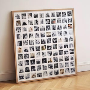 May include: A large square wall frame with a light wood finish containing a grid of eighty-one individual black and white square photographs arranged in nine rows and nine columns, displayed against a white mat board border within the frame.