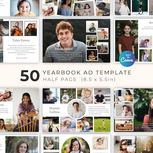 May include: A promotional image showcasing a yearbook ad template. The design features a layout with multiple photo slots and text areas. The text reads "50 Yearbook Ad Template Half Page (8.5 x 5.5in)" and includes the Canva logo.