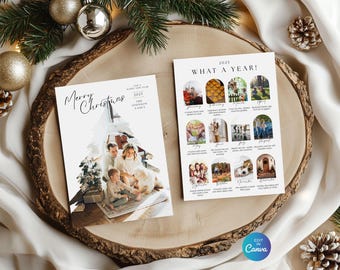 Year in Review Card Template (Canva), Christmas Tree Photo Collage, 12 monthly photo slots