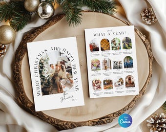 Year in Review Christmas Card, 2025 12 month Photo Collage, Arch Holiday Card, Editable and Printable Canva Template
