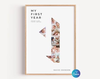 First Birthday Photo Collage Template, My First Year Milestone Sign, Unique Number 1 Photo Board, Editable Canva Template DIY
