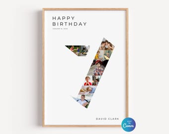 Seventh Birthday Photo Collage Template, Number 7 Milestone Sign, Custom 7th Birthday Photo Board, Editable Canva Template DIY