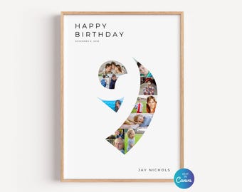 Nineth Birthday Photo Collage Template, Number 9 Milestone Sign, Custom 9th Birthday Photo Board, Editable Canva Template DIY