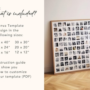 May include: A Canva template design for a photo collage with text reading What is included? and listing sizes 40x40, 30x30, 24x24, 20x20, 16x16, and 12x12 inches. A framed square collage of many small black and white photos is displayed.