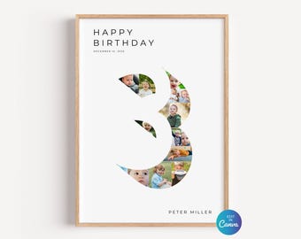 Third Birthday Photo Collage Template, Number 3 Milestone Sign, Custom 3rd Birthday Photo Board, Editable Canva Template DIY