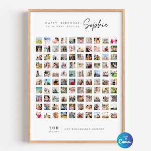 Pode incluir: Um cartaz retangular vertical numa moldura de madeira clara com uma grelha de 100 pequenas fotografias quadradas. O texto diz: HAPPY BIRTHDAY TO A VERY SPECIAL Sophie, e na parte inferior: 100 STORIES ONE REMARKABLE JOURNEY. O fundo é branco.