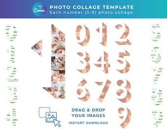 Number Photo Collage Template 0-9, 3D Number Design, for Anniversary, Birthday, Editable Canva Template, Easy Drag and Drop