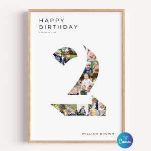 Second Birthday Photo Collage Template, Number 2 Milestone Sign, Custom 2nd Birthday Photo Board, Editable Canva Template DIY