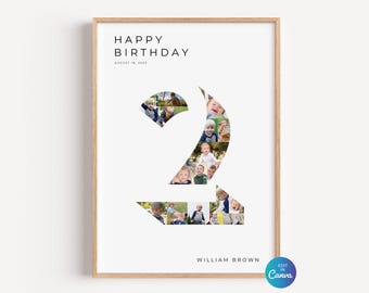 Second Birthday Photo Collage Template, Number 2 Milestone Sign, Custom 2nd Birthday Photo Board, Editable Canva Template DIY